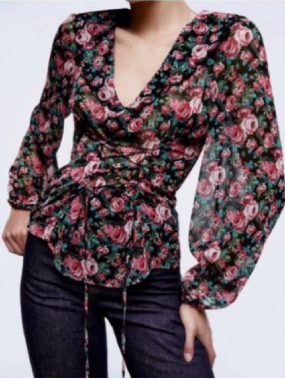 Zara Black Floral V-Neck Rose Print Blouse size M